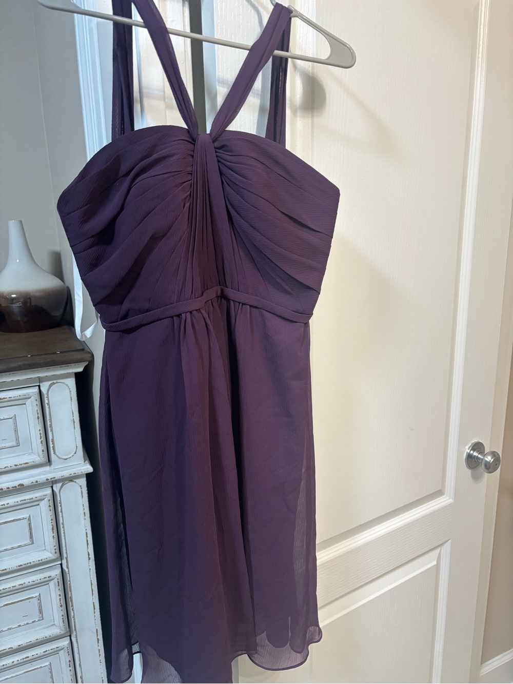 David's Bridal Purple Midi Chiffon Dress with Ruched Bodice